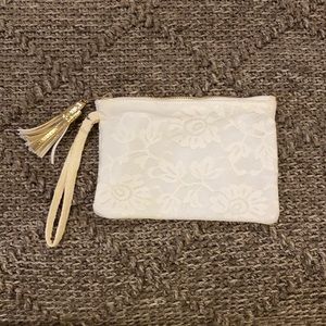 NWOT White Lace Wristlet with Gold Pom